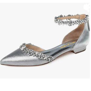 XYD Silver Pointed Toe D'Orsay Sparkly Rhinestones Ankle Strap Wedding Sandals